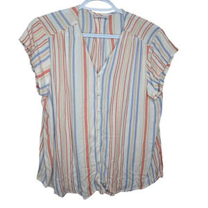 Liz Claiborne Women's V Neck Short Sleeve White Striped Button Down Blouse M